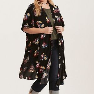 FLORAL PRINT CHALLIS SHIRTTAIL KIMONO